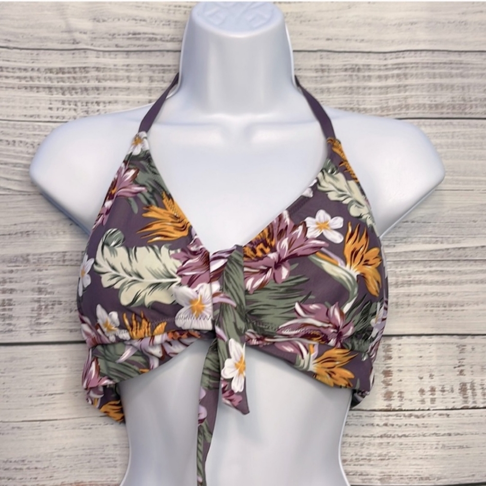 Women’s Kona Sol Tie Front Purple Floral Halter Bikini Top Size M NWOT